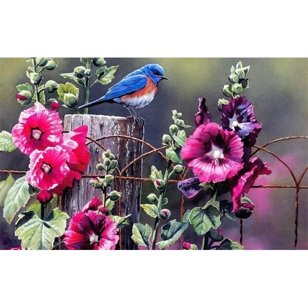 Blue Little Bird On Fences Of Flowers