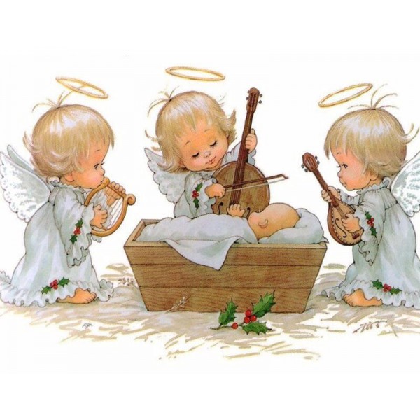 Cute Little Angel Girls Playing Harp And Violin