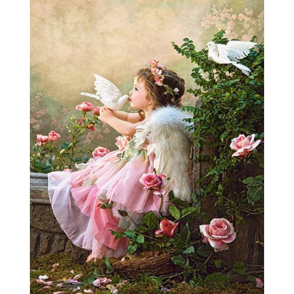Flying Dove And Angel Girl In The Flower Garden